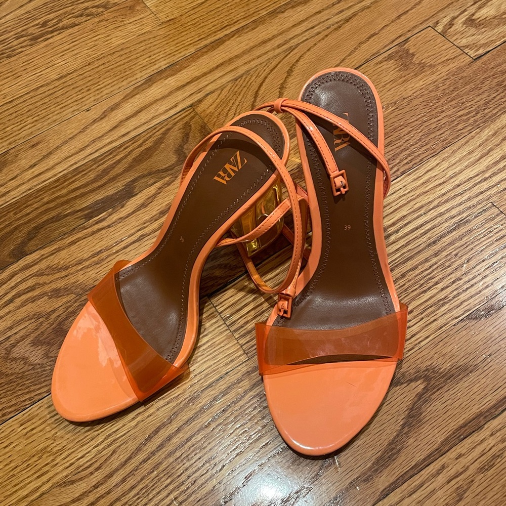 Worn once. Zara lucite orange ankle strap heels